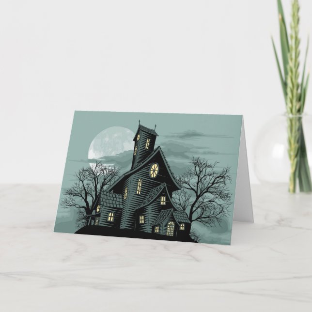 Cartão Creepy haunted ghost house scene illustration (Frente)