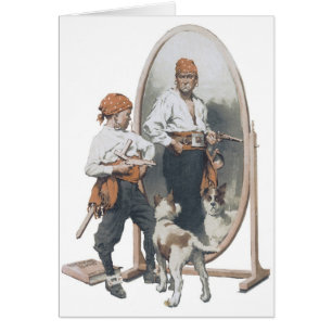 Cartão Criança Antiga, Pirata Menino, Cachorro, Espelho,