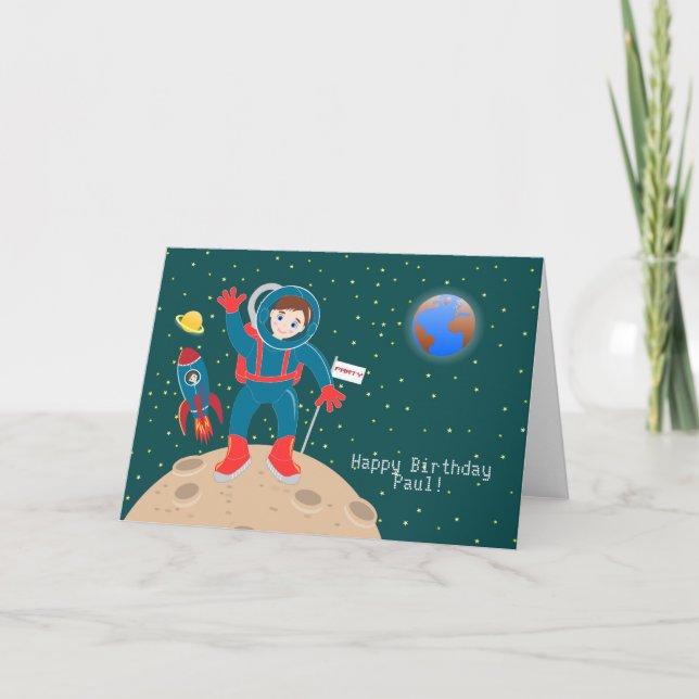 Cartão Criança astronauta na festa de aniversário da lua (Frente)