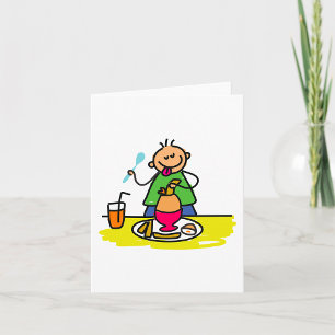 Cartão Criança de desenho gostando de refeição com suco e