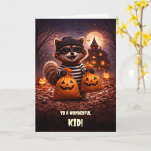 Cartão Criança Feliz Halloween Guaxinim Fofo