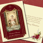 Cartão Criança Religiosa - Escritura de Jesus Vintagem de<br><div class="desc">Apresentando uma bela imagem religiosa católica tradicional do bebê Jesus no altar de uma maneira com o eucarista. Todo texto e fontes podem ser modificados. Dentro é outra imagem personalizada do Jesus Bebê com rosas e um verso das escrituras. Uma vela com rosas e um rosário estão no lado direito...</div>