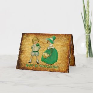 Cartão Criança vintage menino e menina verde St Patrick C