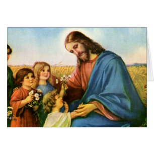 Cartão Crianças Antigas Traziam Flores para Jesus Cristo