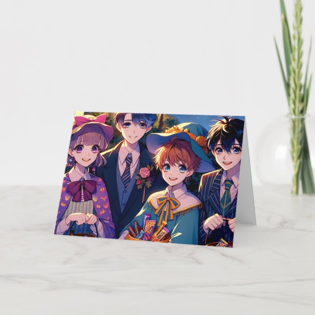 Cartão Crianças de Animes no Dia das Bruxas (Frente)