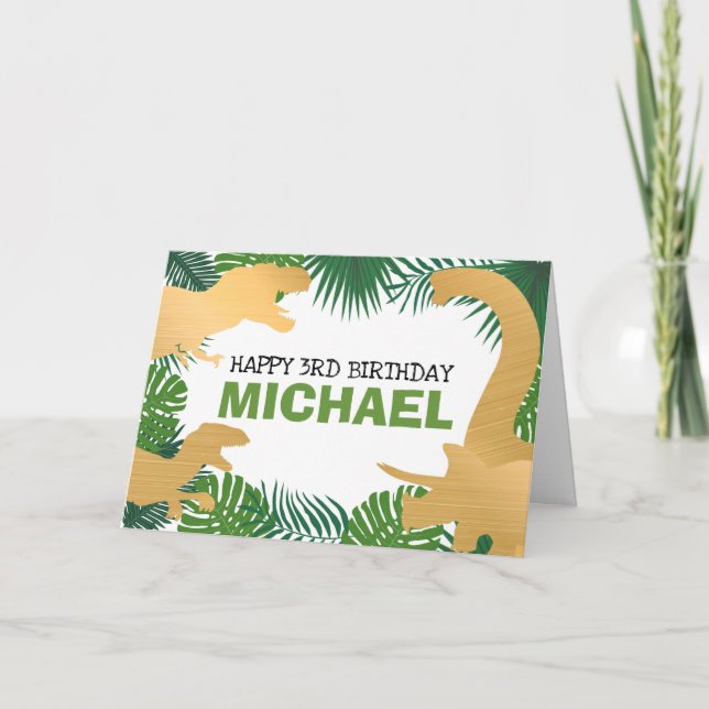 Cartão Crianças Dinossauras Douradas Dino Jurassic Trex B (Frente)