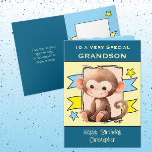 Cartão Crianças do macaco neto especial aniversário azul