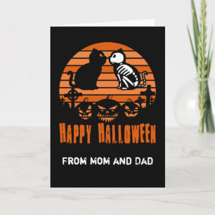 Cartão Crianças Feliz Halloween Skeleton Cat Retro Sunset