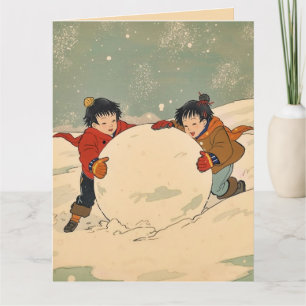 Cartão Crianças japonesas rolando uma grande bola de neve