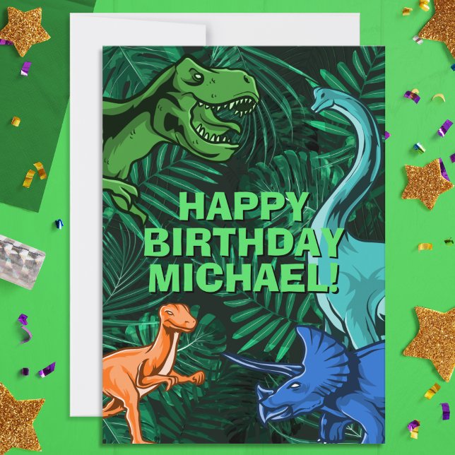 Cartão Crianças Jurassic Dino Dinossaur Personalizado Ani (Wish happy birthday to your favorite dinosaur lover! Great for kids of all ages!)