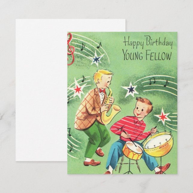 Cartão Crianças Vintage Jogando Instrumentos Aniversário (Frente/Verso)