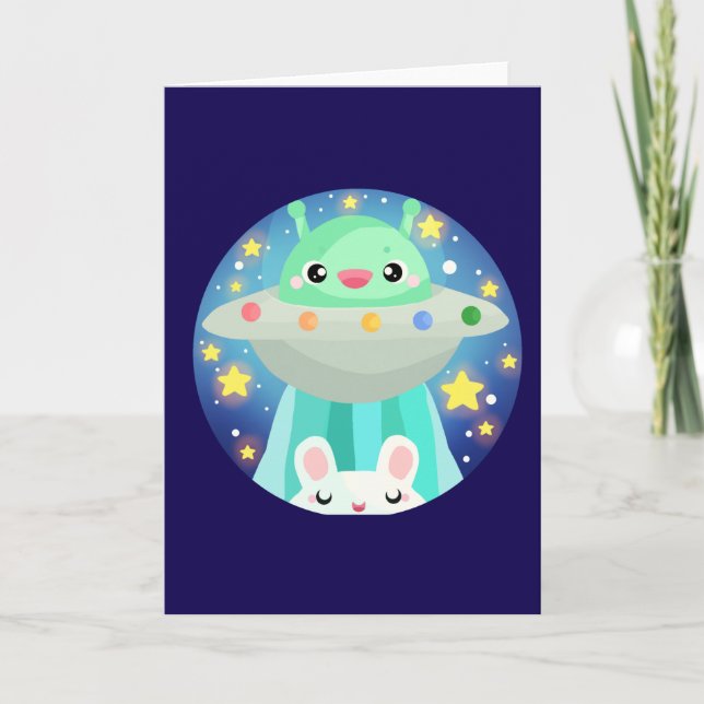 Cartão Criatura Espacial Bonita E Coelho Coelho (Frente)
