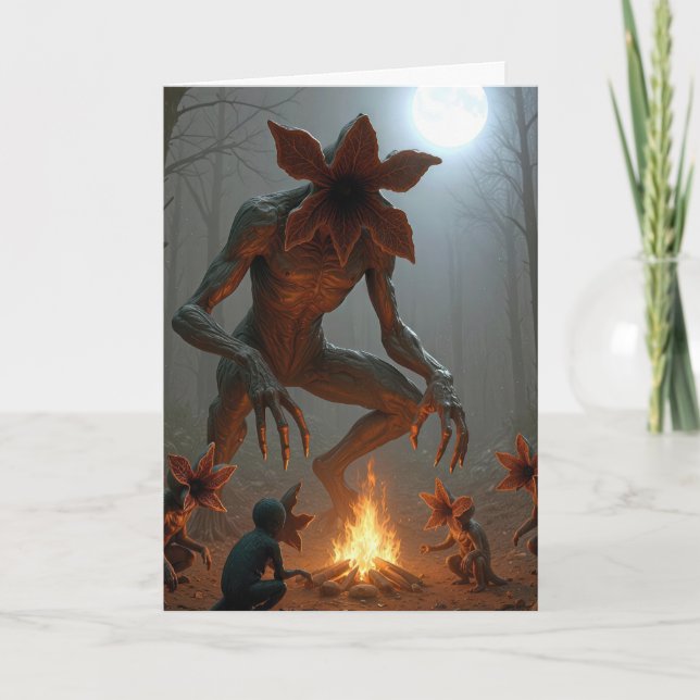 Cartão Criaturas Demogorgon de Aniversário em Torno de um (Frente)