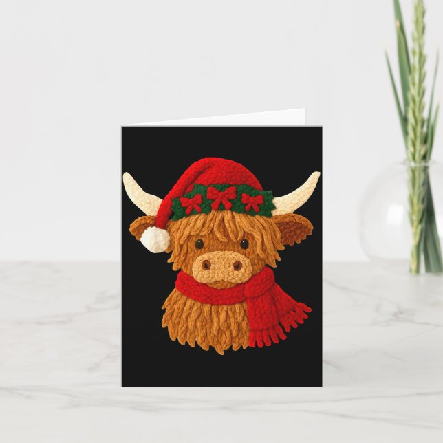 Cartão Crochet Highland Cow Christmas Winter Girly Kids T (Frente)