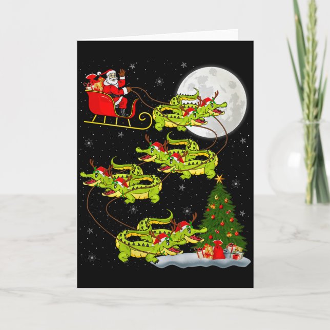 Cartão Crocodile Alligators Santa Sleigh Flying Funny Chr (Frente)
