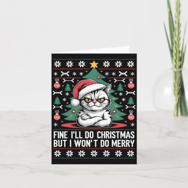 Cartão Crossed Arms Cat Funny Christmas Ugly Sweater Long (Frente)