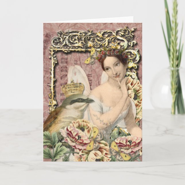Cartão Crowned Bird & Fairy - Vintage Blank Greeting Note (Frente)