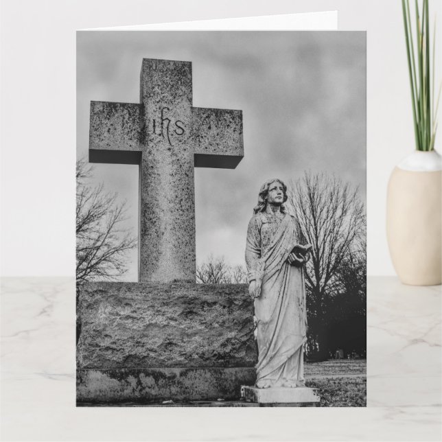 Cartão Crucifixo e anjo em preto e branco  (Frente)
