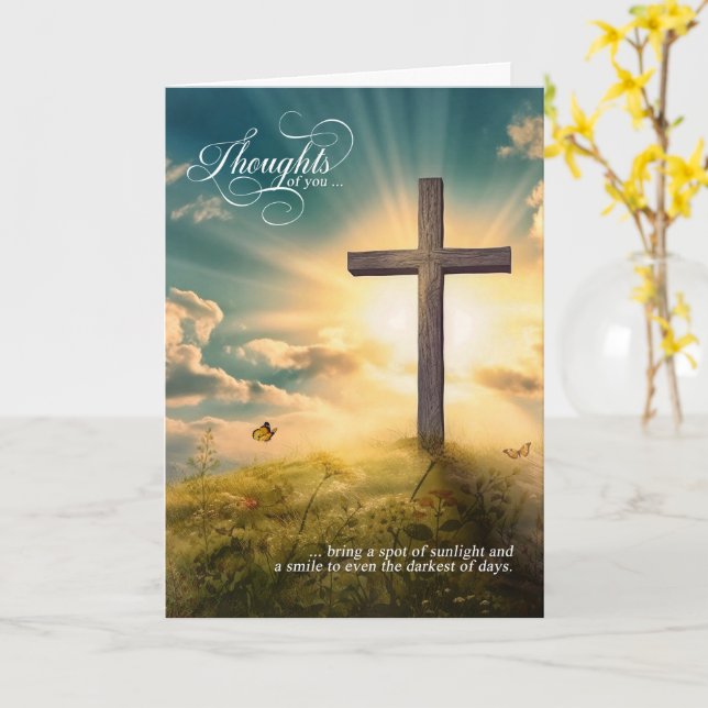 Cartão Cruz Cristã Religiosa na Colina Pensando em Você (Flor Amarela)