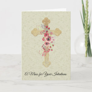 Cartão Cruz de Oferta Memorial da Missa Católica com Flor