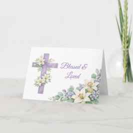 Cartão Cruz Floral de Lavanda Personalizada Abençoada & A