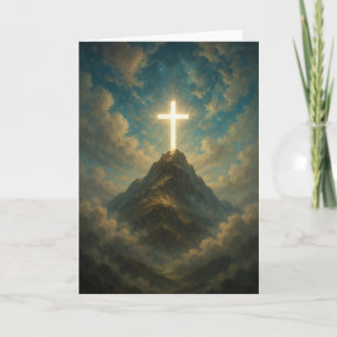 Cartão Cruz Religiosa Celestial no Pico de uma Montanha