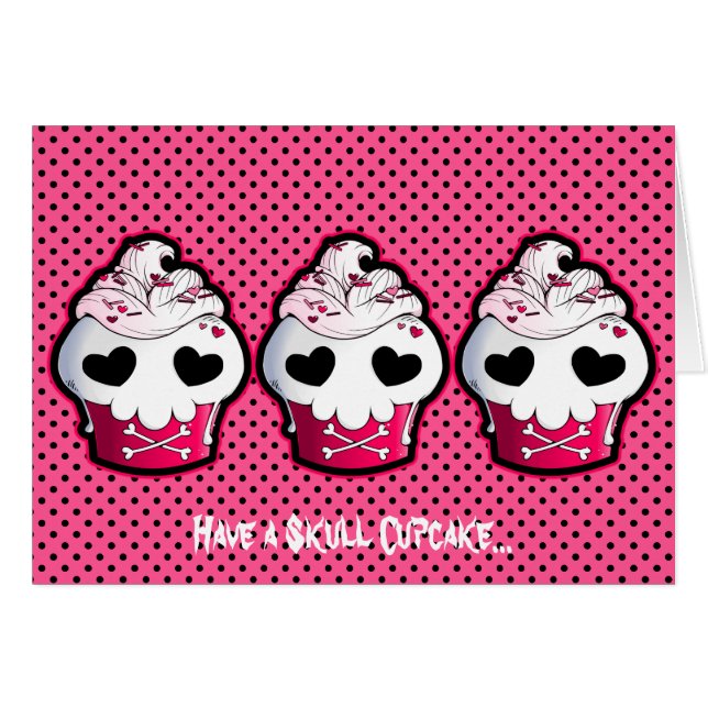 Cartão Cupcake cor-de-rosa do crânio (Frente horizontal)