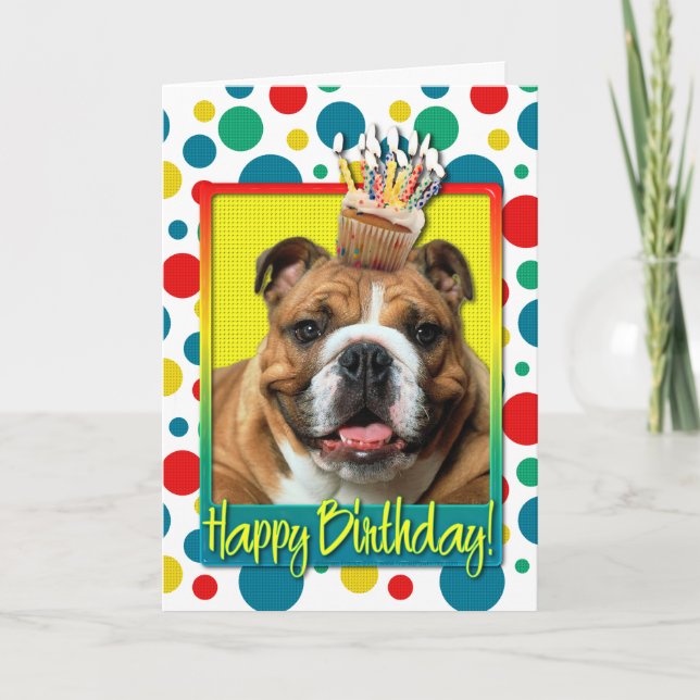Cartão Cupcake de aniversário - Bulldog - Escuro (Frente)