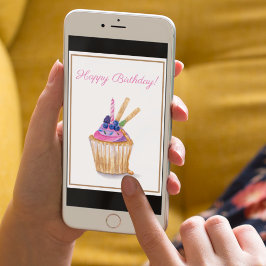 Cartão Cupcake de Aniversário com Vela de Aquarela de Fru
