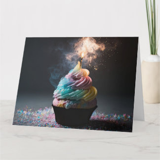 Cartão Cupcake de Aniversário do Arco-Íris do Pastel