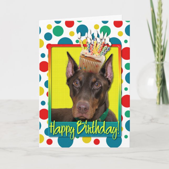 Cartão Cupcake de aniversário - Doberman - Red - Rocky (Frente)