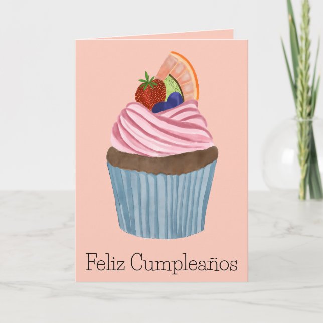 Cartão Cupcake de Fruta de aniversário espanhola (Frente)