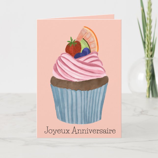 Cartão Cupcake de Fruta de aniversário francês (Frente)