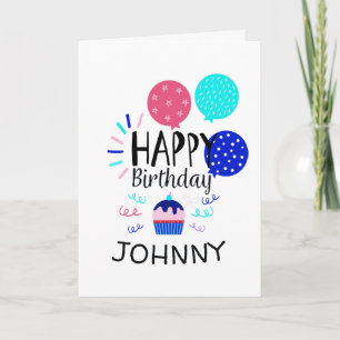 Cartão Cupcake e Balões Feliz Aniversário Texto -