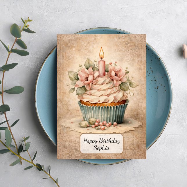 Cartão Cupcake Floral Vintage (Criador carregado)