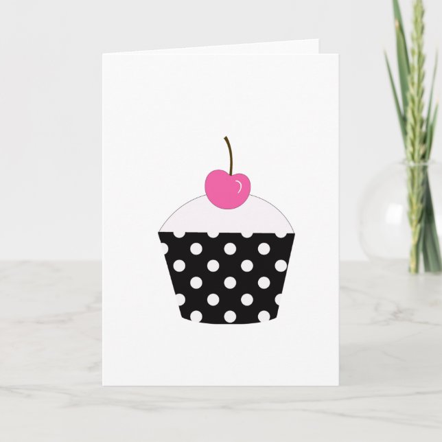 Cartão Cupcake Preto e Branco com Cereja Rosa (Frente)
