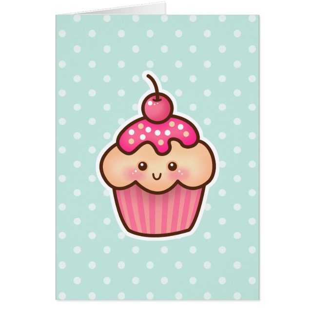 Cartão Cupcake rosa Kawaii e Bolinhas azuis de Casa Branc (Frente)