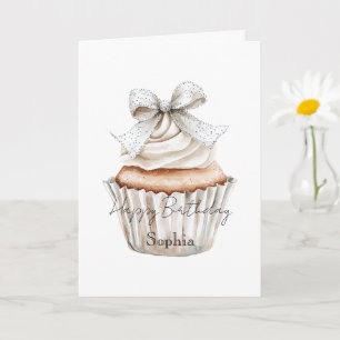 Cartão Cupcakes Brancos com Laço Prateado Glamouroso Aniv