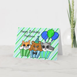 Cartão Cupcakes de animais da floresta, raposa, guaxinim
