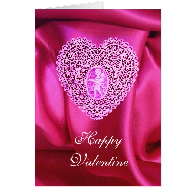 Cartão CUPID LACE HEART SILK FUCHSIA CLOTH, Violeta Rosa (Frente)