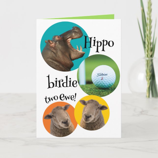 Cartão Curioso Hippo Birdie Duas Ovelhas Para Golfer Birt (Frente)