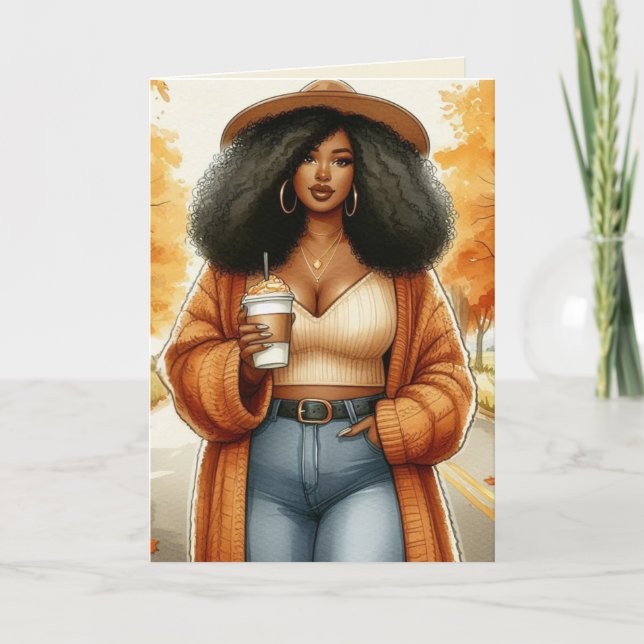 Cartão Curvy Cozy Mulher Americana Africana Ação de Graça (Frente)