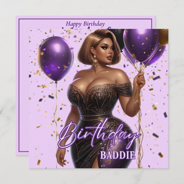 Cartão Curvy Glam African American Women Purple Birthday (Frente/Verso)