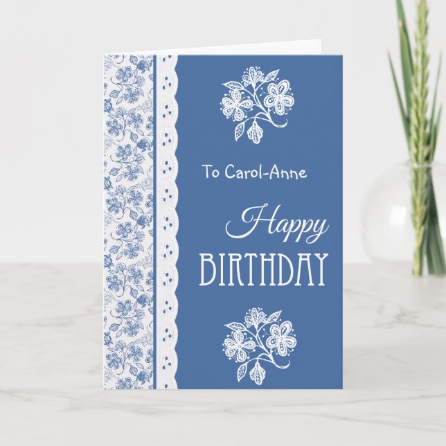 Cartão Custom Birthday Card Indigo Blue and White Floral (Frente)