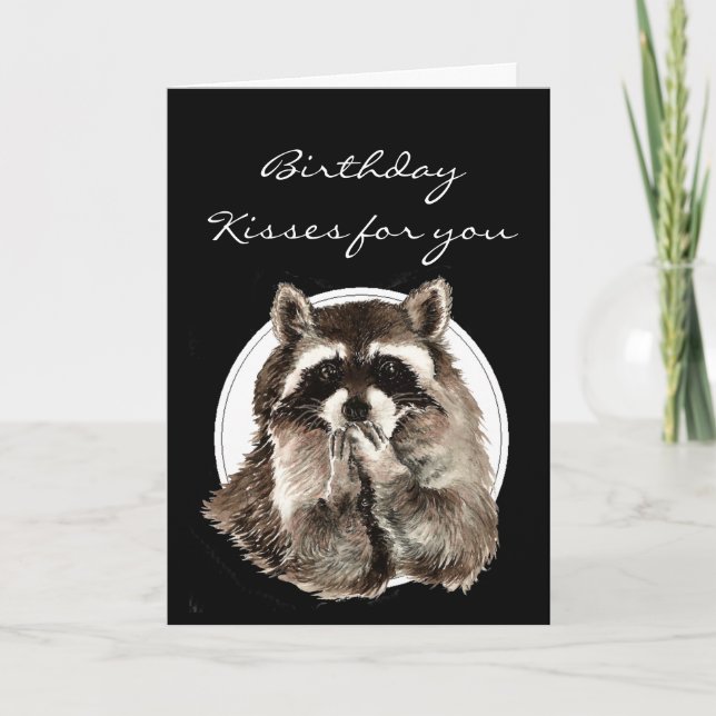 Cartão Custom Birthday Kisses for Friend Cute Raccoon (Frente)