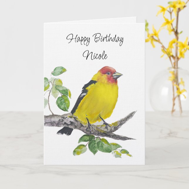 Cartão Custom  Birthday Watercolor Western Tanager Bird (Flor Amarela)