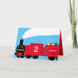 Cartão Custom boy 2nd birthday train<br><div class="desc">A custom 2nd birthday train card. The design shows a bright red train full of gifts. The locomotive has custom text for the name of the boy, their age and the place where the child lives. The perfect card for a railway loving parent to give their son or for a...</div>