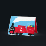 Cartão Custom boy 2nd birthday train<br><div class="desc">A custom 2nd birthday train card. The design shows a bright red train full of gifts. The locomotive has custom text for the name of the boy, their age and the place where the child lives. The perfect card for a railway loving parent to give their son or for a...</div>