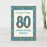 Cartão Custom Floral Birthday Card, 80 Years Young<br><div class="desc">A pretty Age-specific Birthday Card for a Eighty-year-old to personalize, with the number 80 and the border filled with a colourful retro floral pattern on a teal background. The floral pattern is part of the Posh & Painterly 'Granny Print' collection, from a hand-painted paper collage by Judy Adamson. This design...</div>