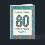 Cartão Custom Floral Birthday Card, 80 Years Young<br><div class="desc">A pretty Age-specific Birthday Card for a Eighty-year-old to personalize, with the number 80 and the border filled with a colourful retro floral pattern on a teal background. The floral pattern is part of the Posh & Painterly 'Granny Print' collection, from a hand-painted paper collage by Judy Adamson. This design...</div>